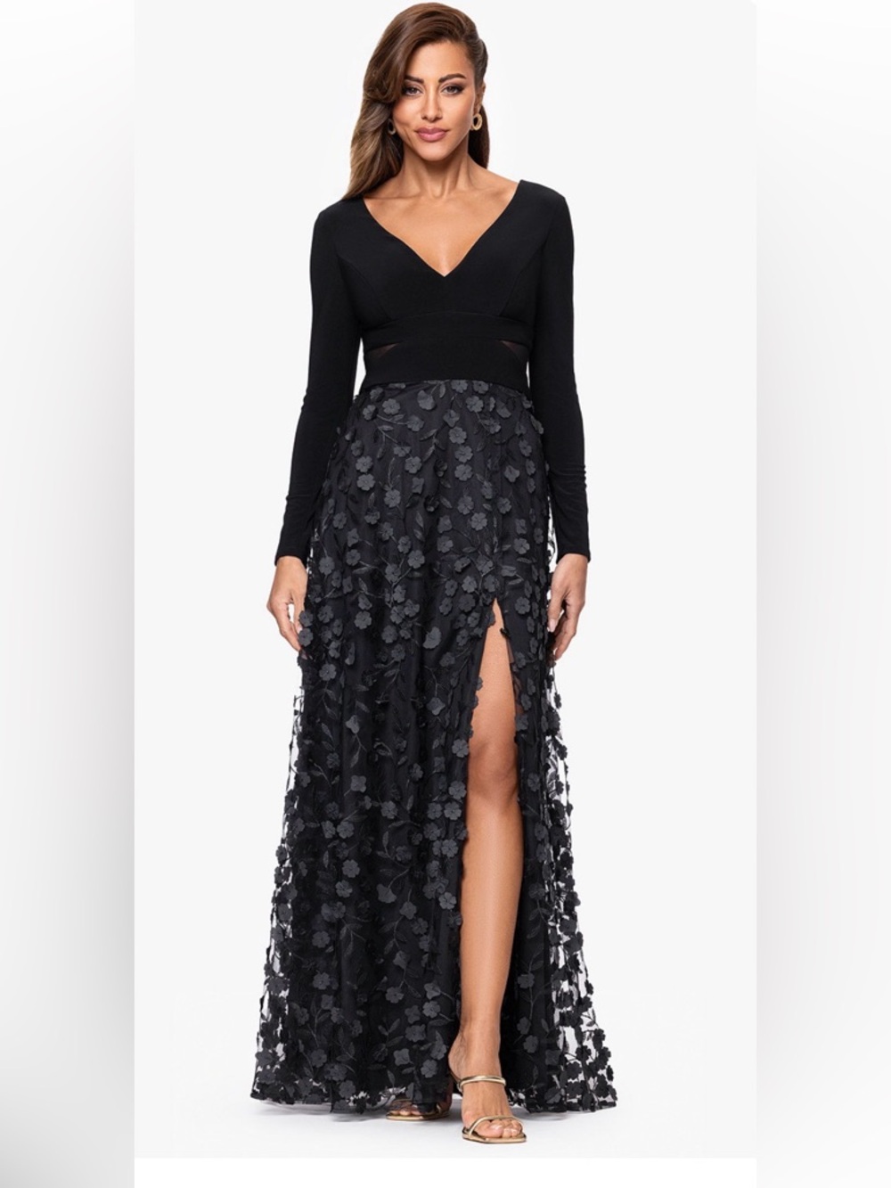 Xscape Black Long Sleeve V-Neck Floral Appliqué Maxi Dress - Picture 9 of 11
